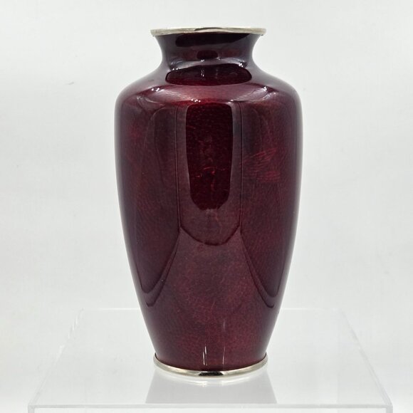 Vintage Japanese Ginbari Cloisonné Vase 1950s Cherry Blossom Pigeon Blood Red - Picture 4 of 6